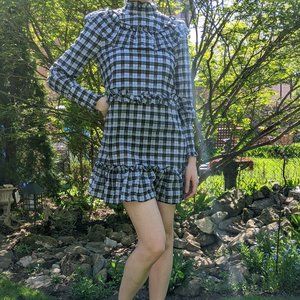 GANNI Charron dress in Serenity Blue. Plaid mini dress.